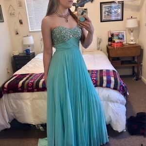 Night Moves Teal Strapless Prom Dress
